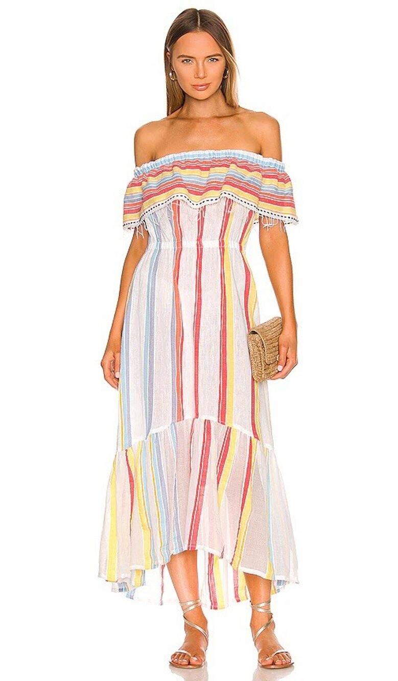 Lemlem Mokati Off Shoulder Striped Elastic Waist Maxi Dress Boho Beach Medium